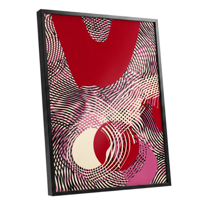 Crimson Interference, red, black, pink abstract wall art shown as a black framed poster wall art print