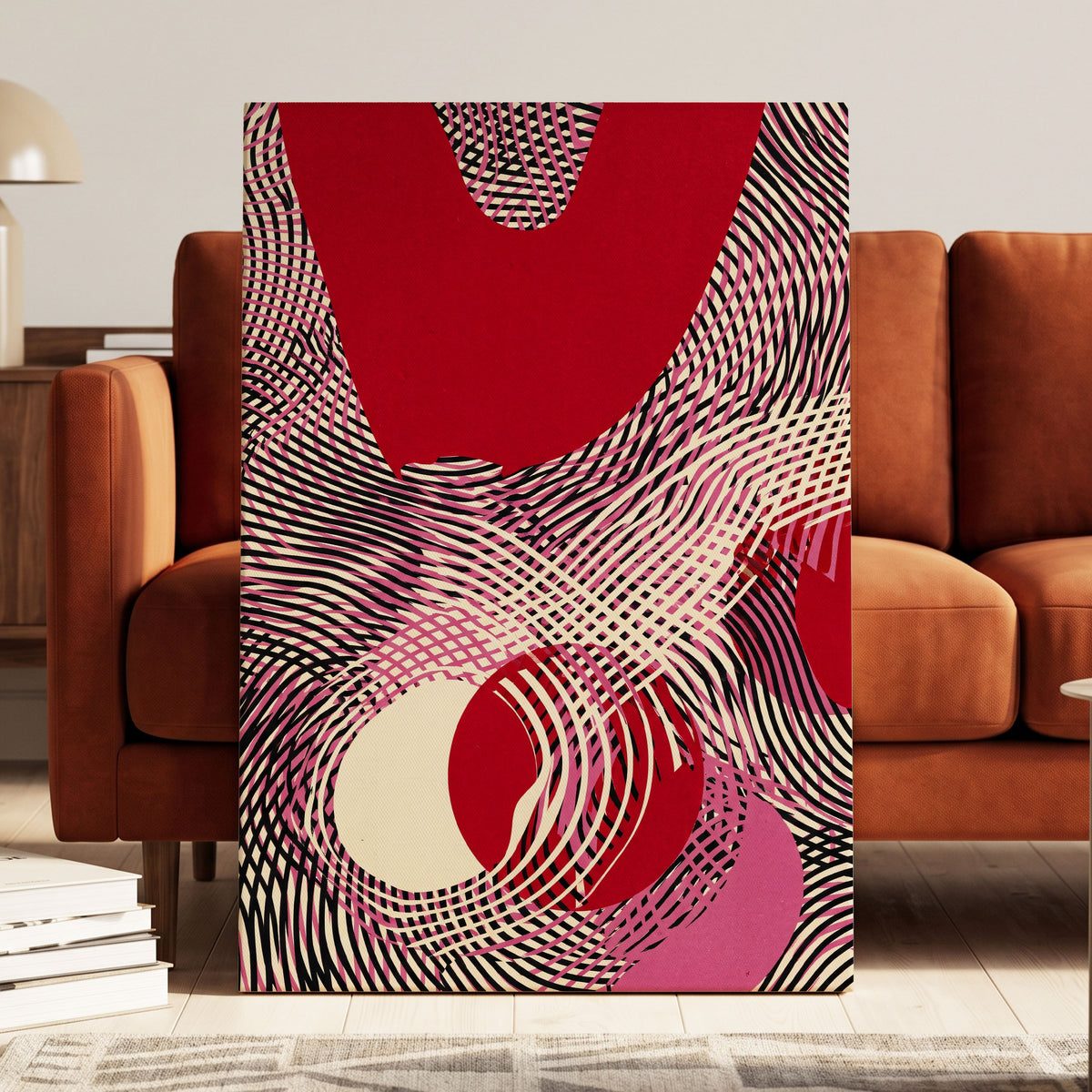 Crimson Interference, red, black, pink abstract wall art on canvas displayed in a styled interior, gallery view 1