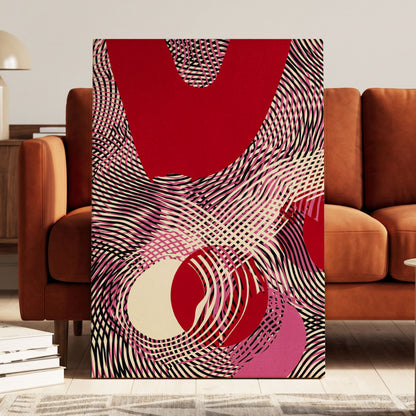 Crimson Interference, red, black, pink abstract wall art on canvas displayed in a styled interior, gallery view 1