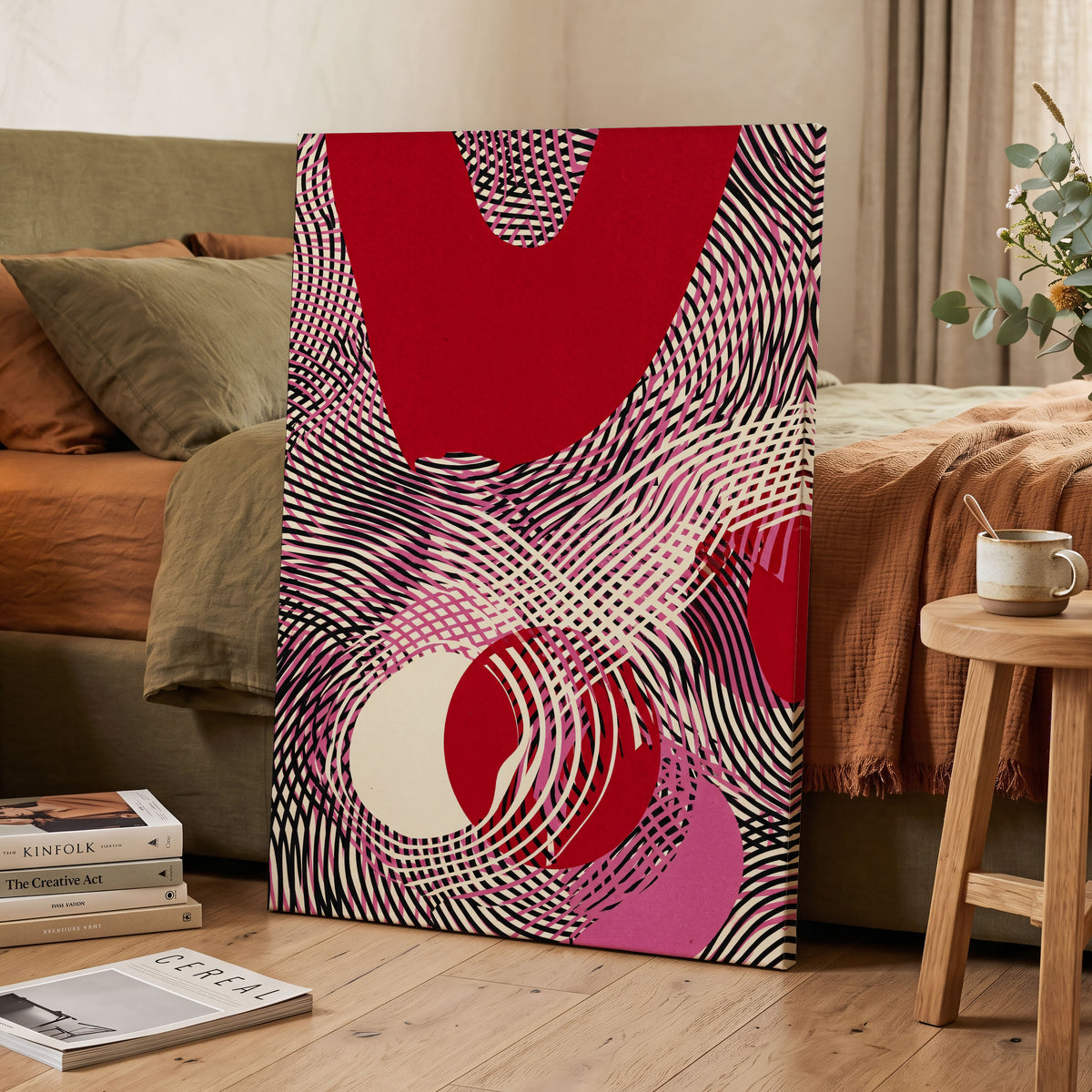 Crimson Interference, red, black, pink abstract wall art on canvas displayed in a styled interior, gallery view 2