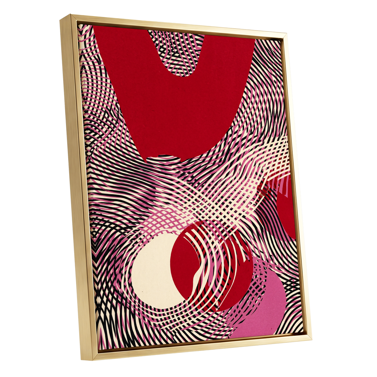 Crimson Interference, red, black, pink abstract wall art shown as a gold framed canvas wall art