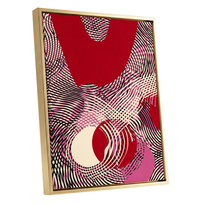 Crimson Interference, red, black, pink abstract wall art shown as a gold framed canvas wall art