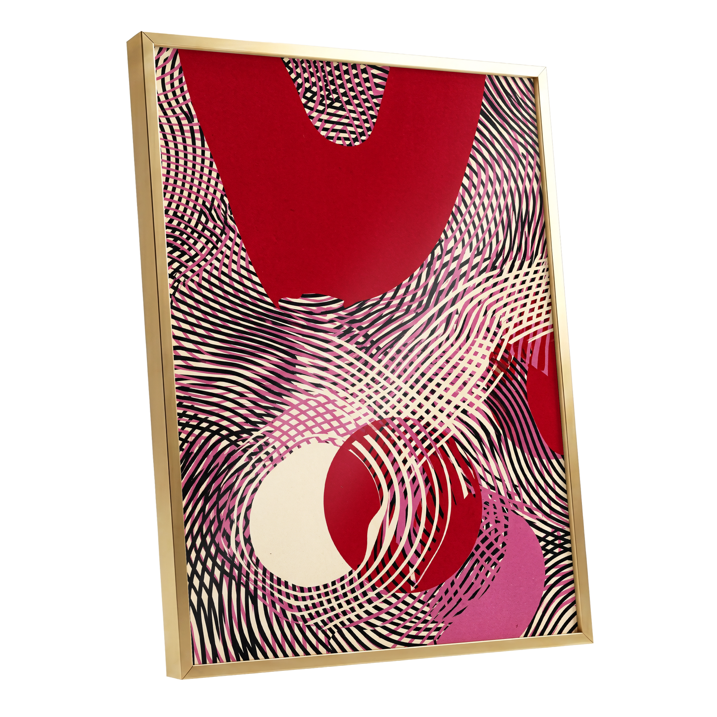Crimson Interference, red, black, pink abstract wall art shown as a gold framed poster wall art print