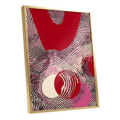 Crimson Interference, red, black, pink abstract wall art shown as a gold framed poster wall art print