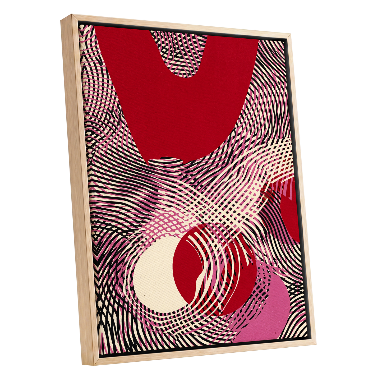 Crimson Interference, red, black, pink abstract wall art shown as a oak framed canvas wall art
