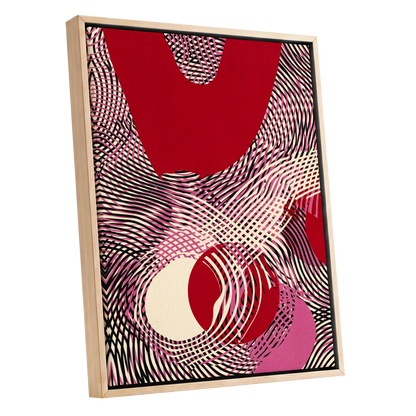 Crimson Interference, red, black, pink abstract wall art shown as a oak framed canvas wall art
