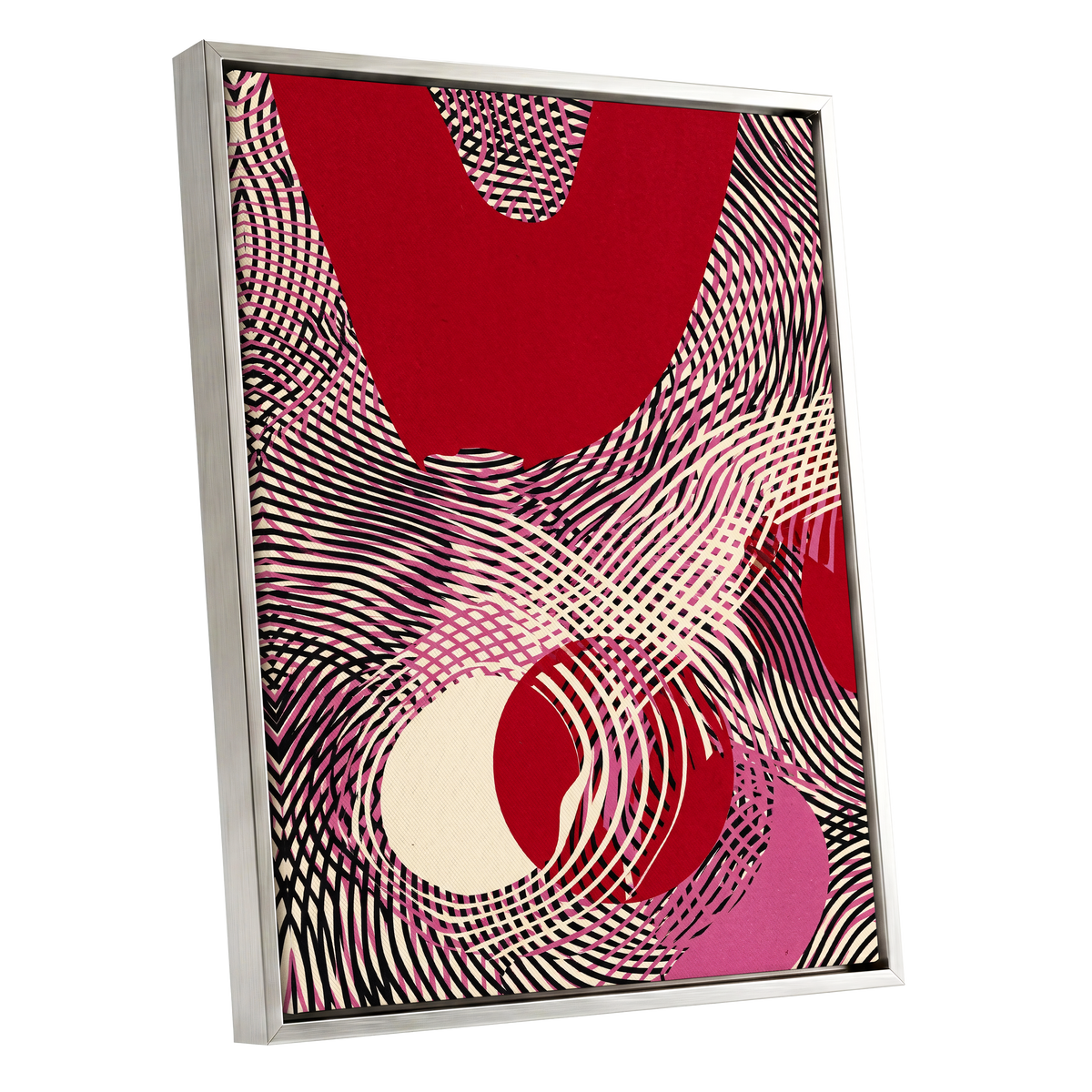 Crimson Interference, red, black, pink abstract wall art shown as a silver framed canvas wall art