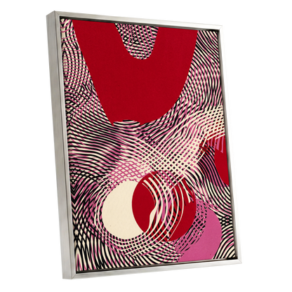 Crimson Interference, red, black, pink abstract wall art shown as a silver framed canvas wall art