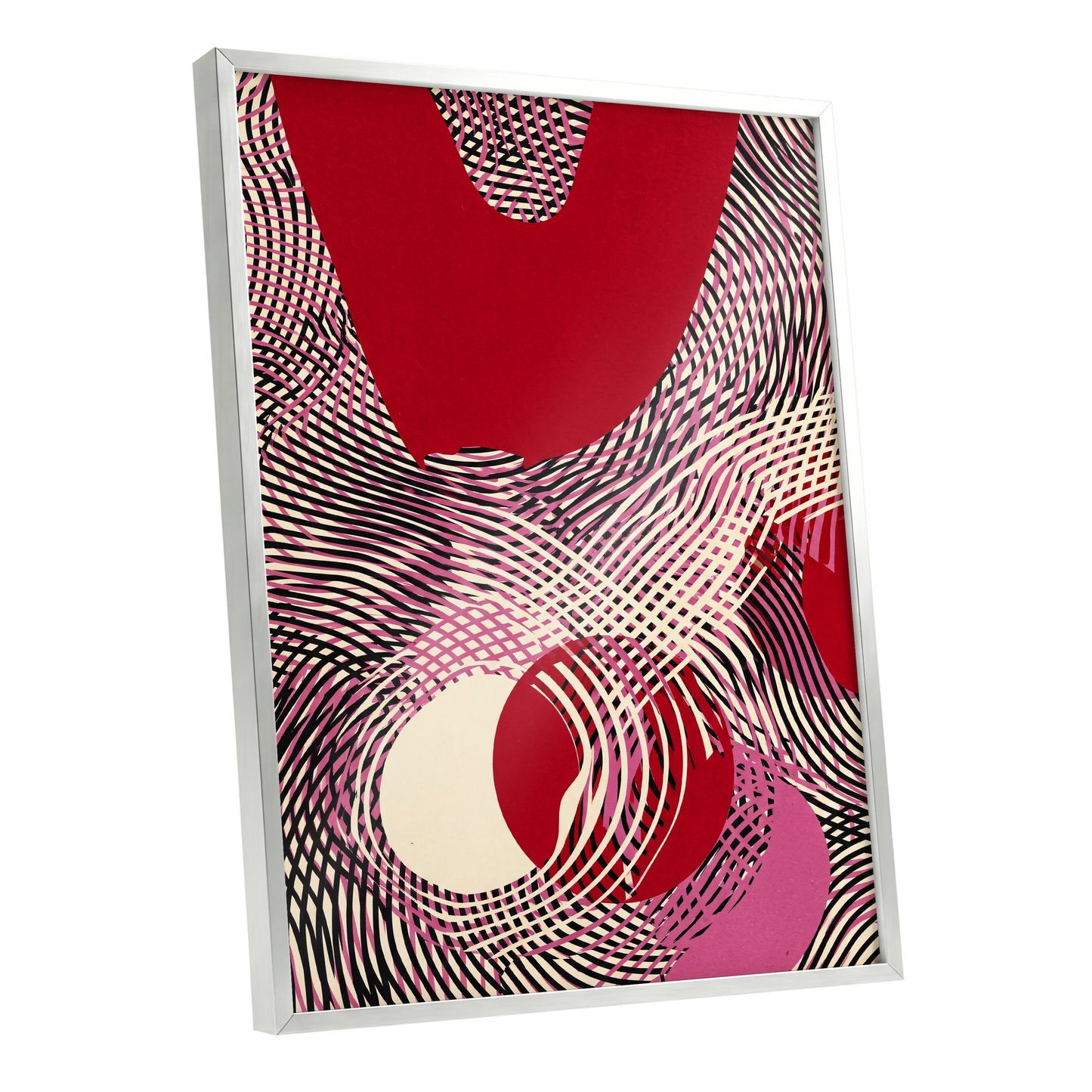 Crimson Interference, red, black, pink abstract wall art shown as a silver framed poster wall art print