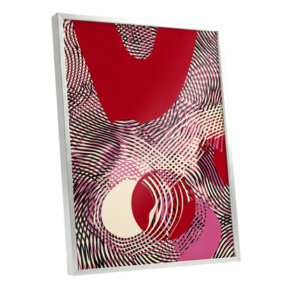 Crimson Interference, red, black, pink abstract wall art shown as a silver framed poster wall art print
