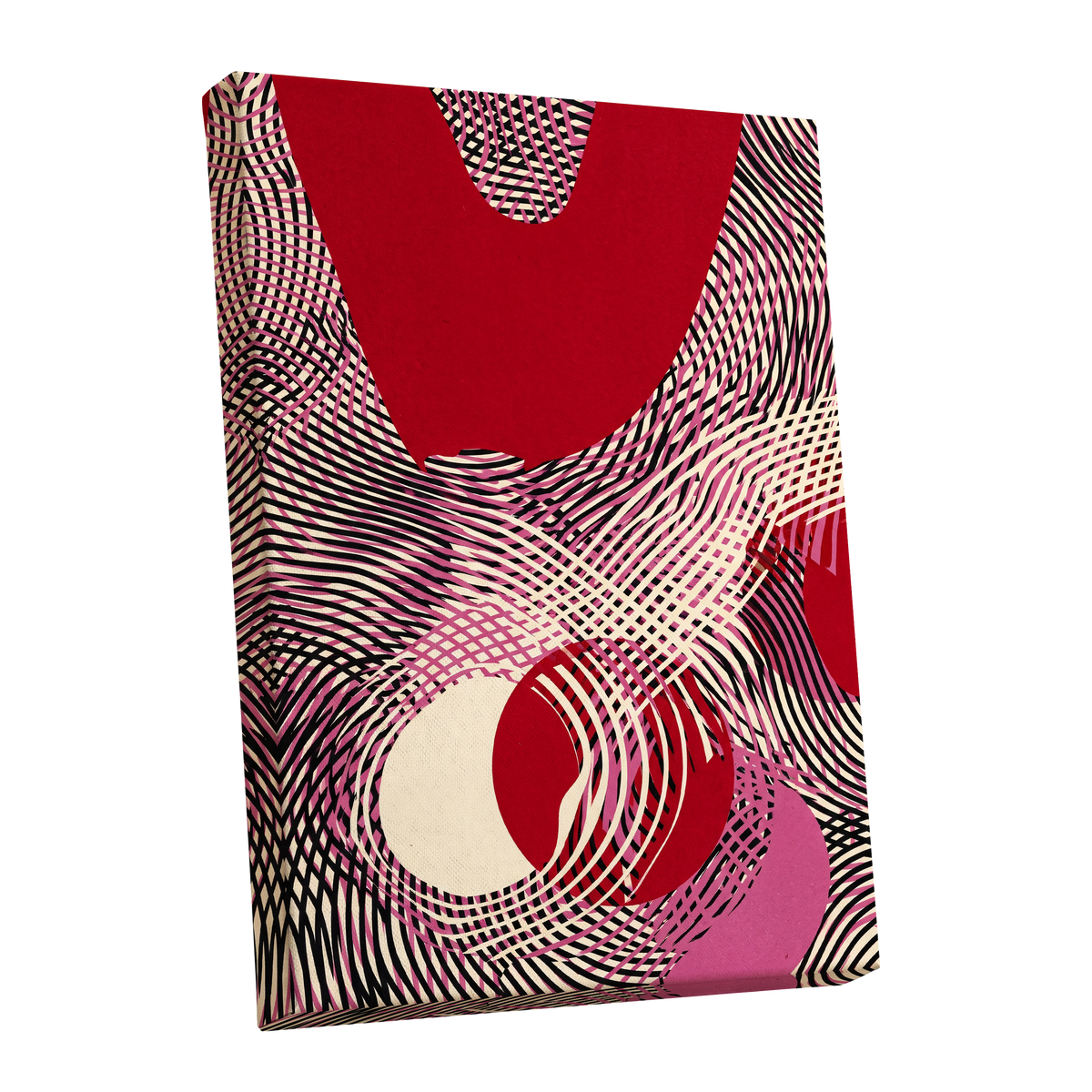 Crimson Interference, red, black, pink abstract wall art shown as a stretched canvas wall art