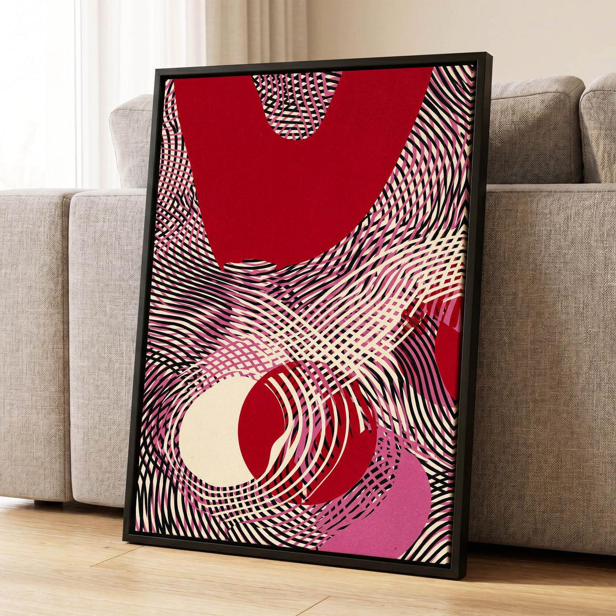Crimson Interference, red, black, pink abstract wall art displayed in a styled interior, gallery view 1