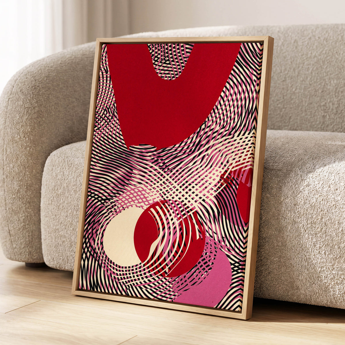 Crimson Interference, red, black, pink abstract wall art displayed in a styled interior, gallery view 2
