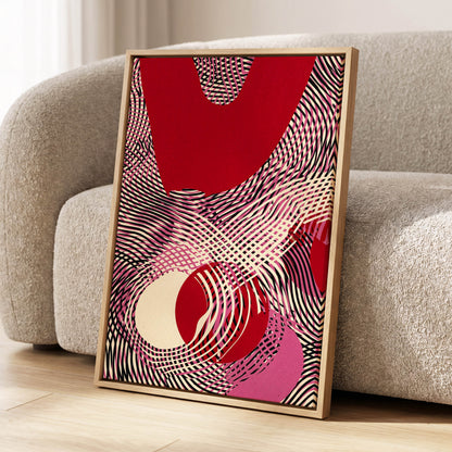 Crimson Interference, red, black, pink abstract wall art displayed in a styled interior, gallery view 2