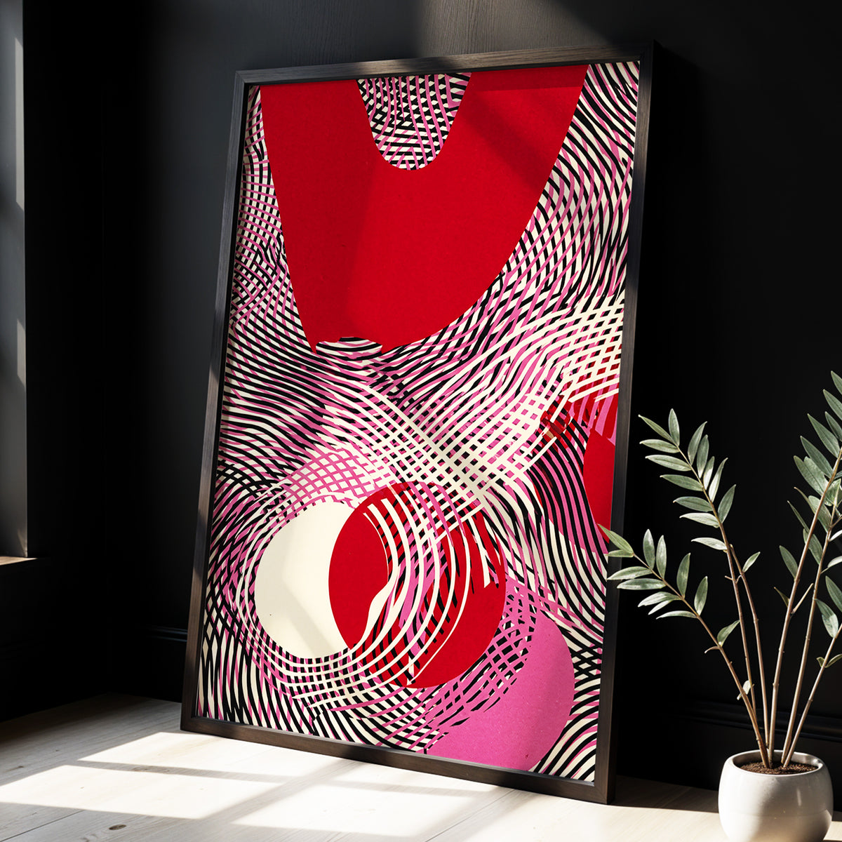 Crimson Interference, red, black, pink abstract wall art displayed in a styled interior, gallery view 3