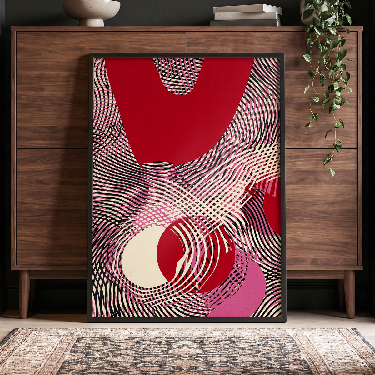 Crimson Interference, red, black, pink abstract wall art displayed in a styled interior, gallery view 5