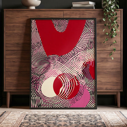 Crimson Interference, red, black, pink abstract wall art displayed in a styled interior, gallery view 5