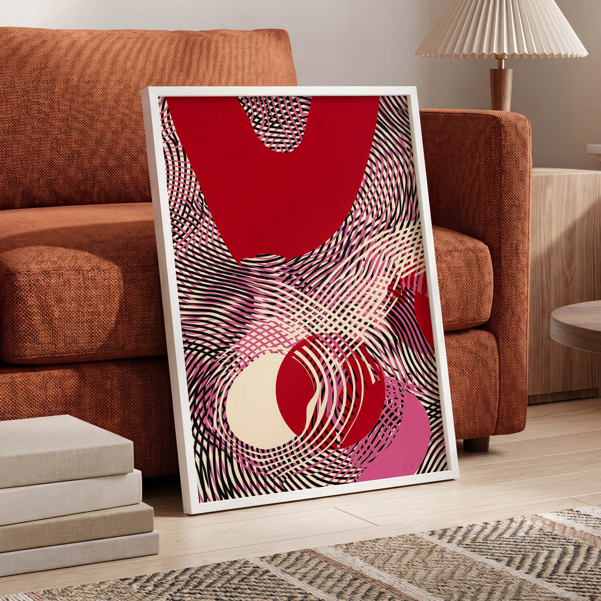 Crimson Interference, red, black, pink abstract wall art displayed in a styled interior, gallery view 6