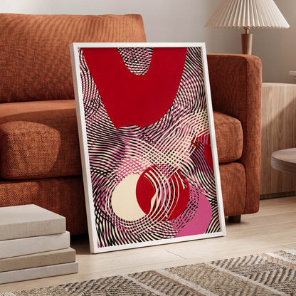 Crimson Interference, red, black, pink abstract wall art displayed in a styled interior, gallery view 6