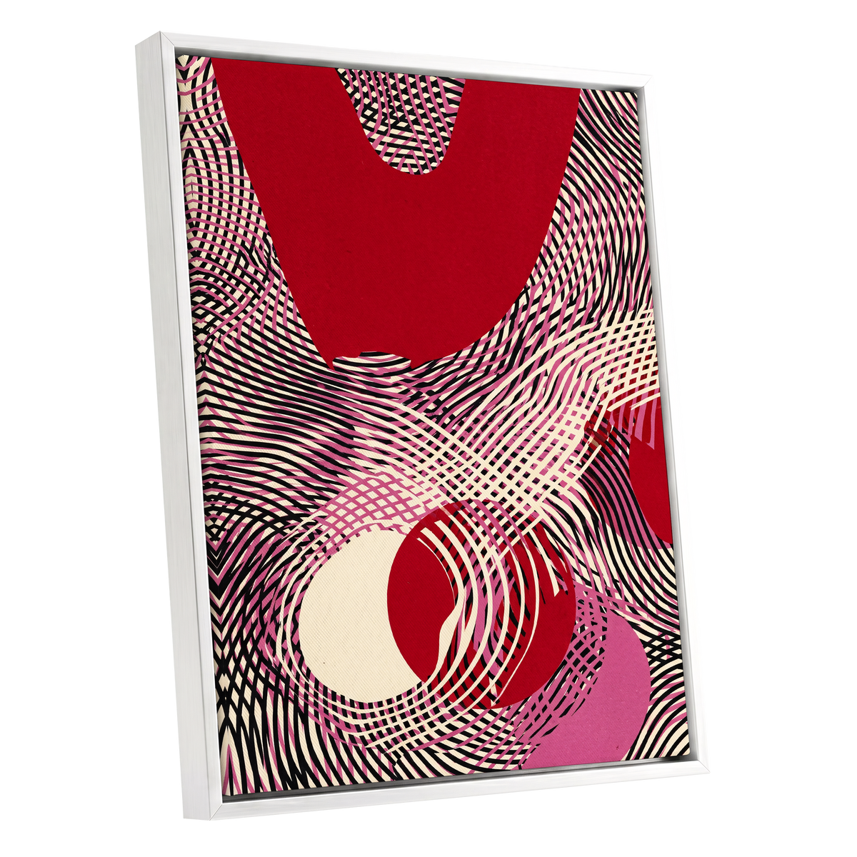 Crimson Interference, red, black, pink abstract wall art shown as a white framed canvas wall art