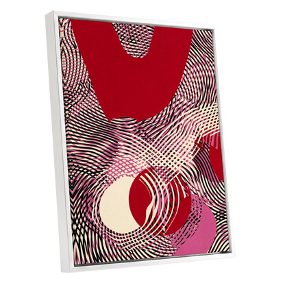 Crimson Interference, red, black, pink abstract wall art shown as a white framed canvas wall art