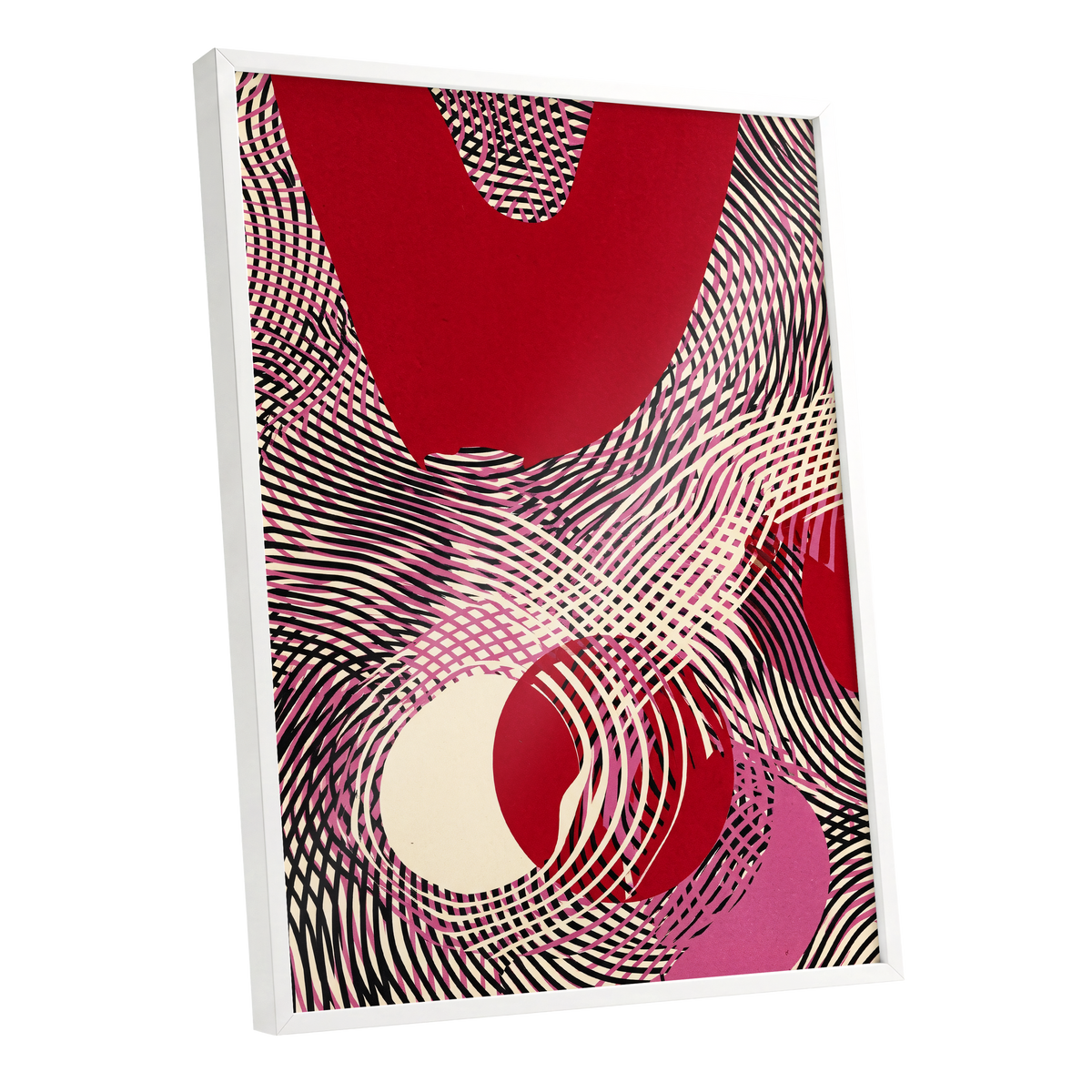 Crimson Interference, red, black, pink abstract wall art shown as a white framed poster wall art print