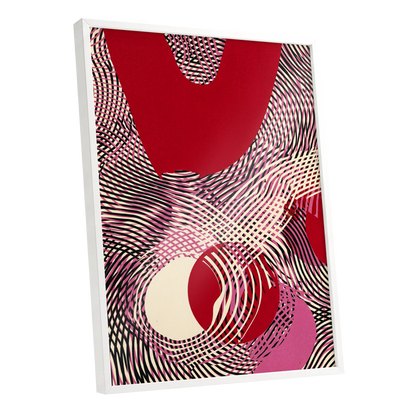 Crimson Interference, red, black, pink abstract wall art shown as a white framed poster wall art print