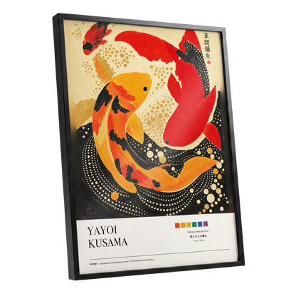 Crimson Koi Currents, red, orange, black nature wall art shown as a black framed poster wall art print