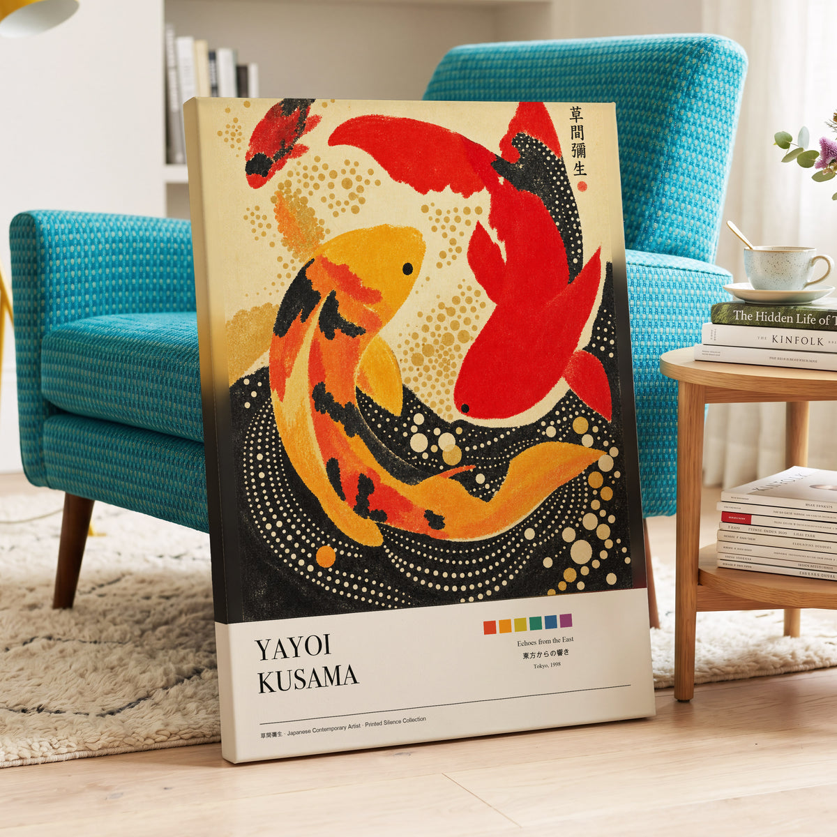 Crimson Koi Currents, red, orange, black nature wall art on canvas displayed in a styled interior, gallery view 2