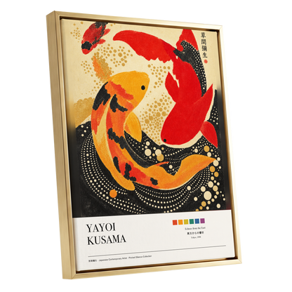 Crimson Koi Currents, red, orange, black nature wall art shown as a gold framed canvas wall art