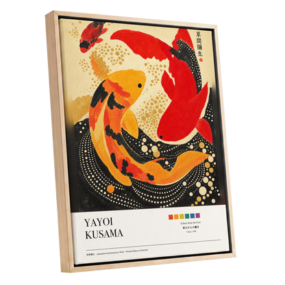 Crimson Koi Currents, red, orange, black nature wall art shown as a oak framed canvas wall art