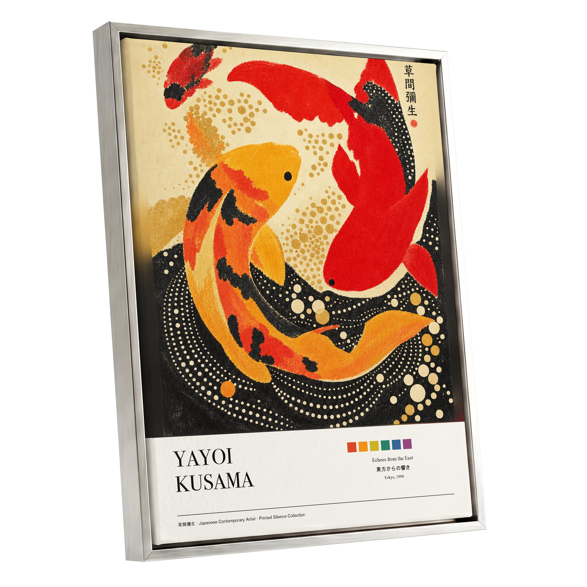 Crimson Koi Currents, red, orange, black nature wall art shown as a silver framed canvas wall art