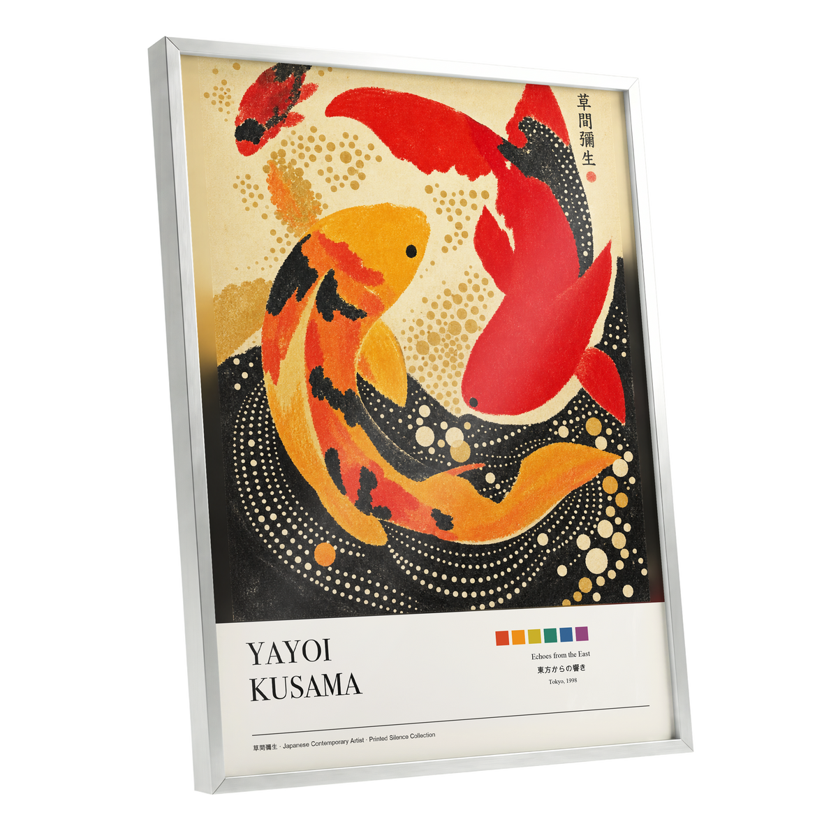 Crimson Koi Currents, red, orange, black nature wall art shown as a silver framed poster wall art print