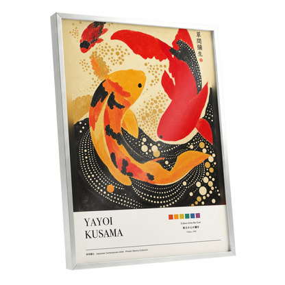 Crimson Koi Currents, red, orange, black nature wall art shown as a silver framed poster wall art print