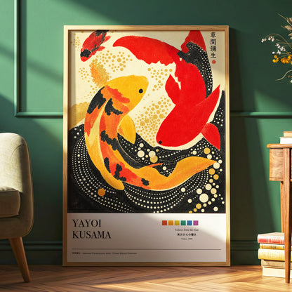 Crimson Koi Currents, red, orange, black nature wall art displayed in a styled interior, gallery view 6
