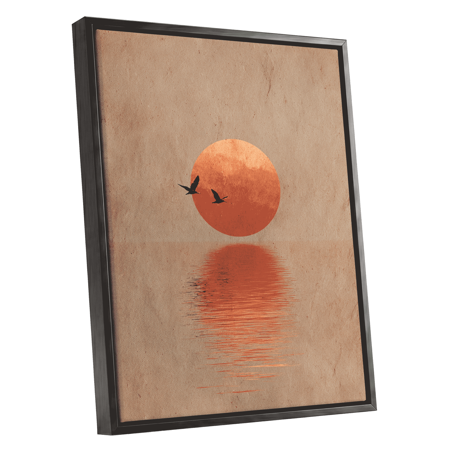 Crimson Migration, beige, red, orange nature wall art shown as a black framed canvas wall art