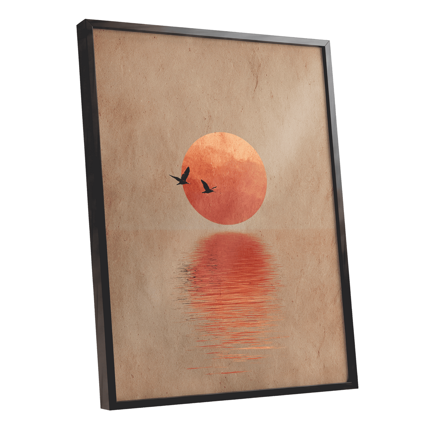 Crimson Migration, beige, red, orange nature wall art shown as a black framed poster wall art print