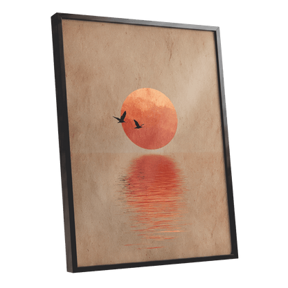 Crimson Migration, beige, red, orange nature wall art shown as a black framed poster wall art print