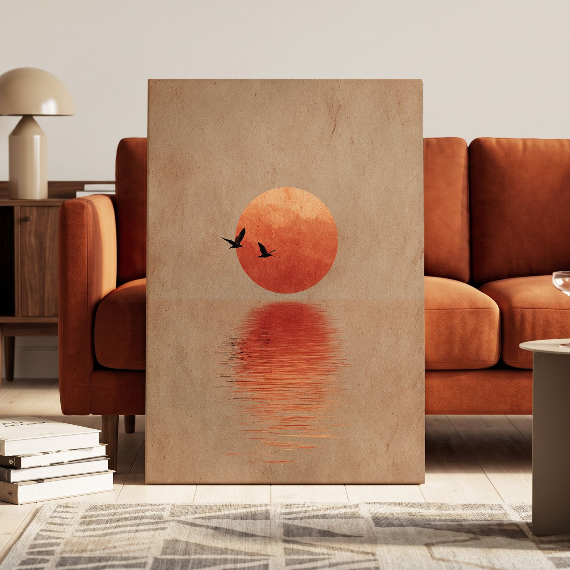Crimson Migration, beige, red, orange nature wall art on canvas displayed in a styled interior, gallery view 1