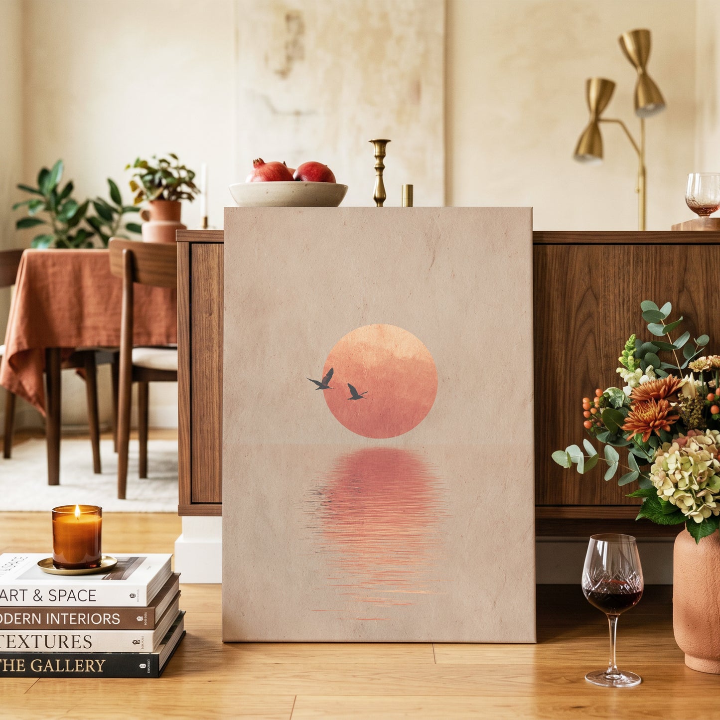 Crimson Migration, beige, red, orange nature wall art on canvas displayed in a styled interior, gallery view 2