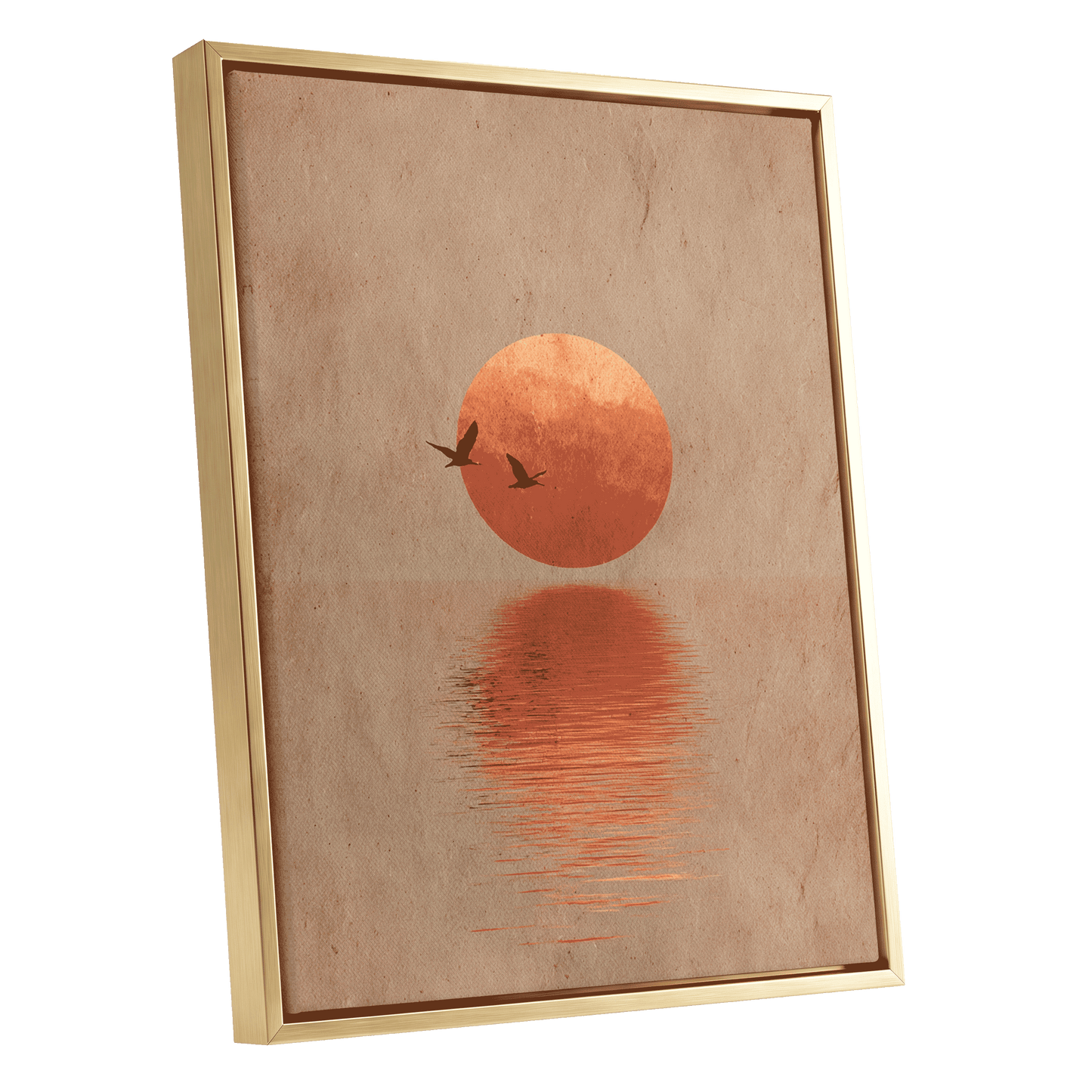 Crimson Migration, beige, red, orange nature wall art shown as a gold framed canvas wall art
