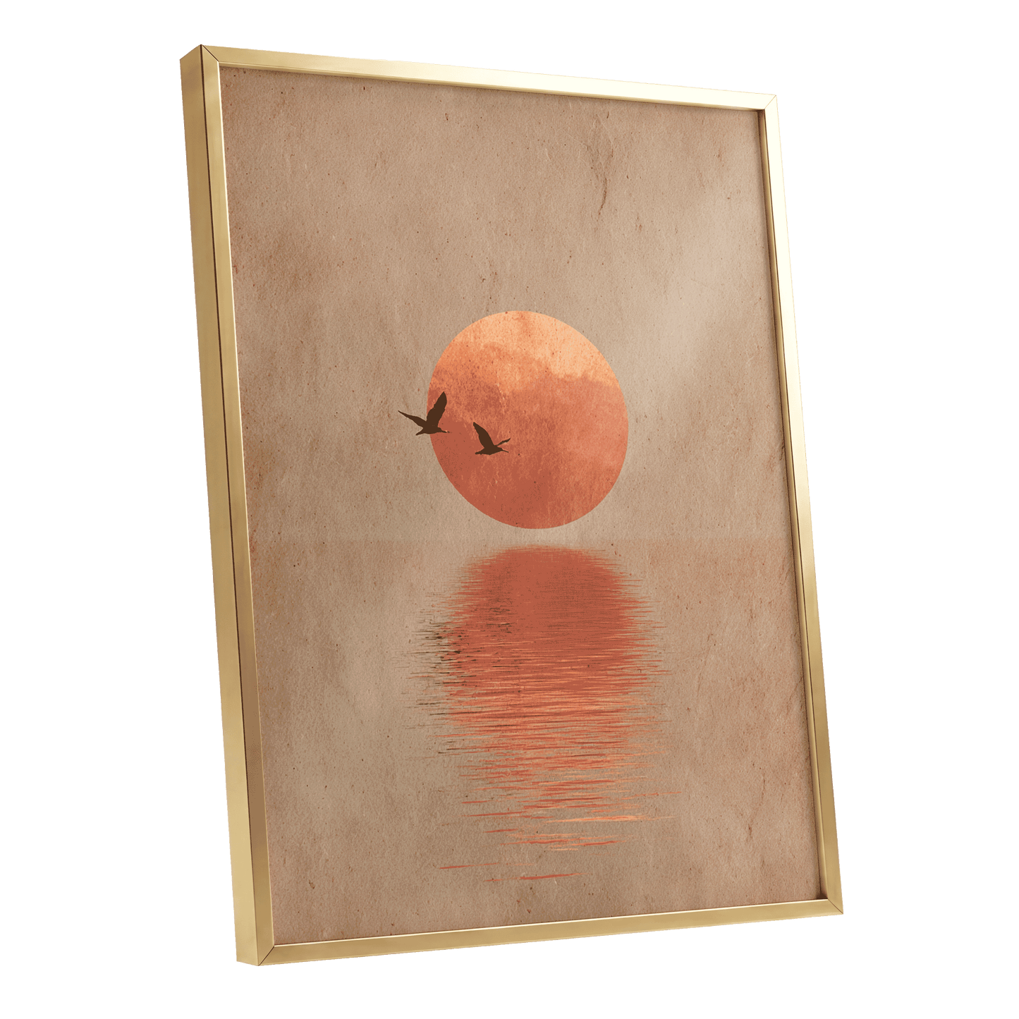 Crimson Migration, beige, red, orange nature wall art shown as a gold framed poster wall art print