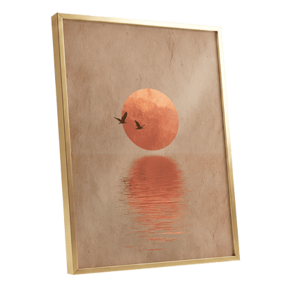 Crimson Migration, beige, red, orange nature wall art shown as a gold framed poster wall art print