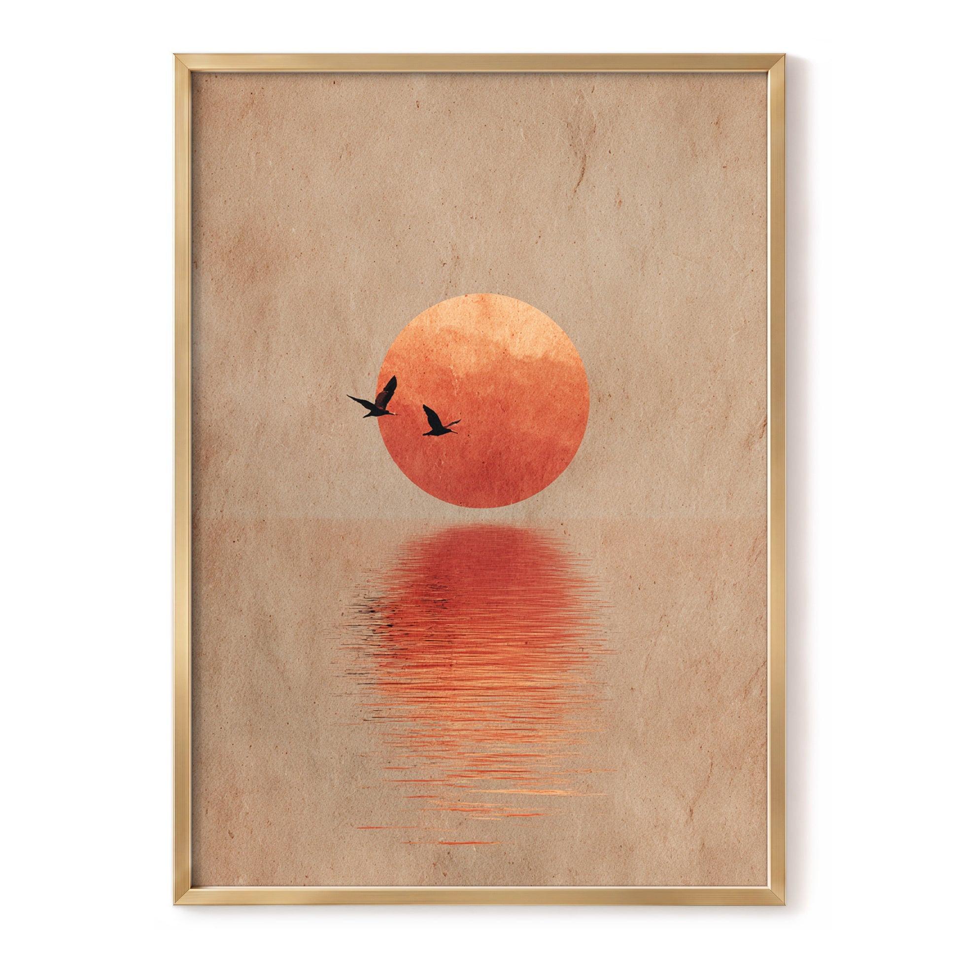 Crimson Migration, beige, red, orange nature wall art, front artwork view