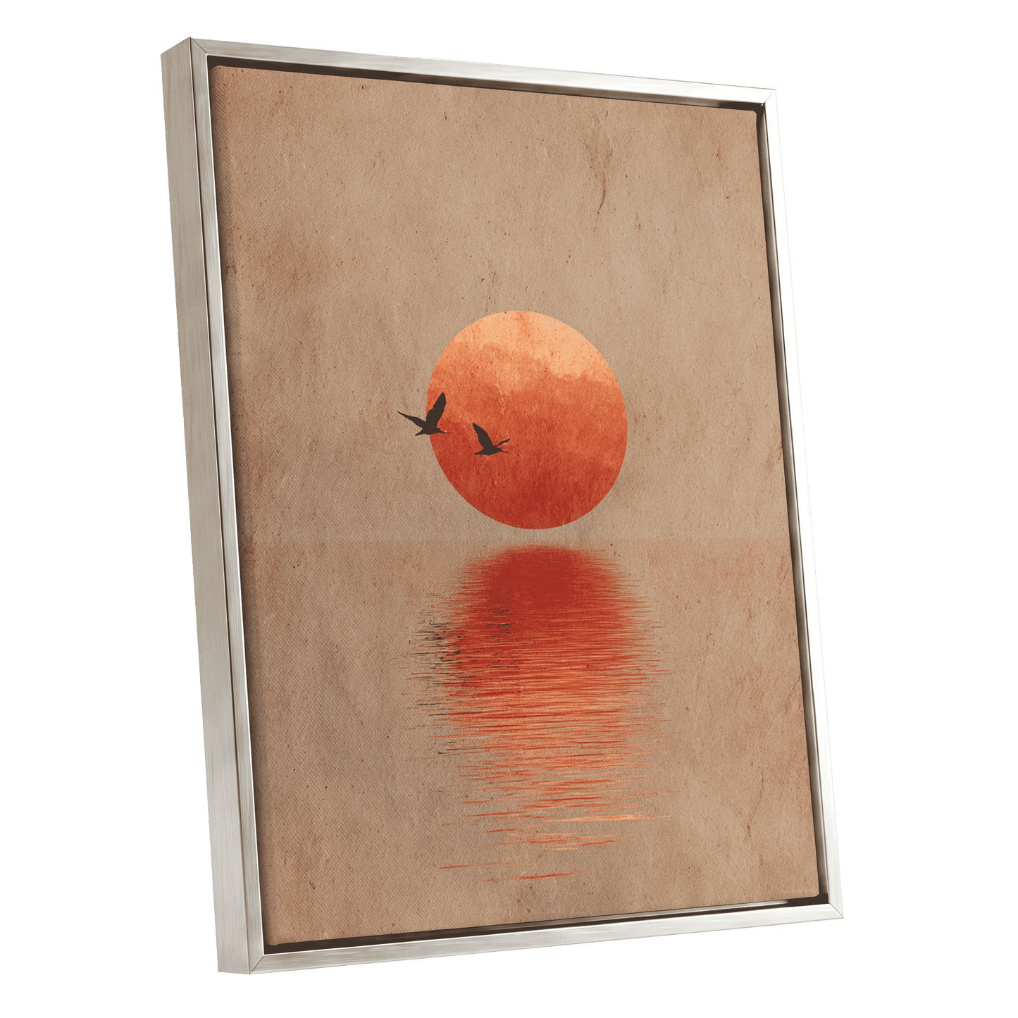 Crimson Migration, beige, red, orange nature wall art shown as a silver framed canvas wall art
