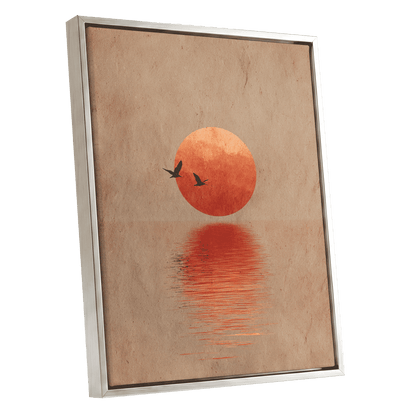 Crimson Migration, beige, red, orange nature wall art shown as a silver framed canvas wall art
