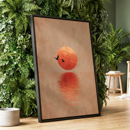 Crimson Migration, beige, red, orange nature wall art displayed in a styled interior, gallery view 1