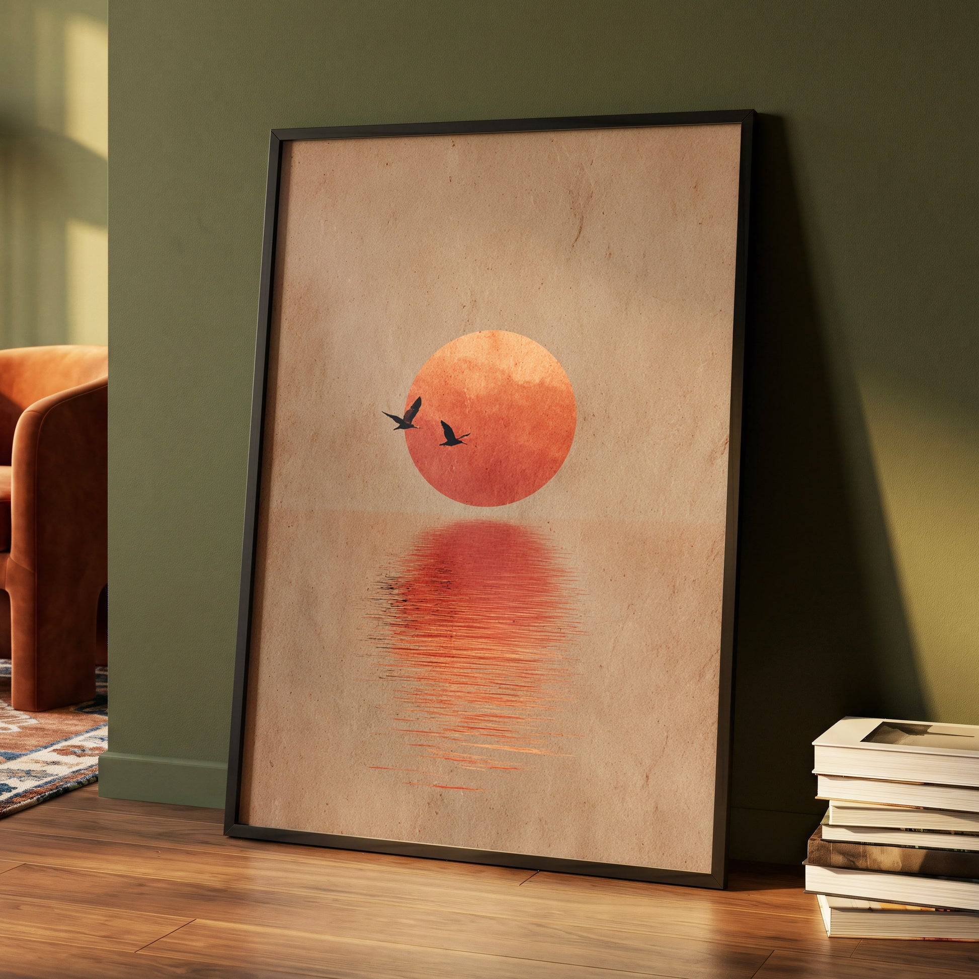 Crimson Migration, beige, red, orange nature wall art displayed in a styled interior, gallery view 4