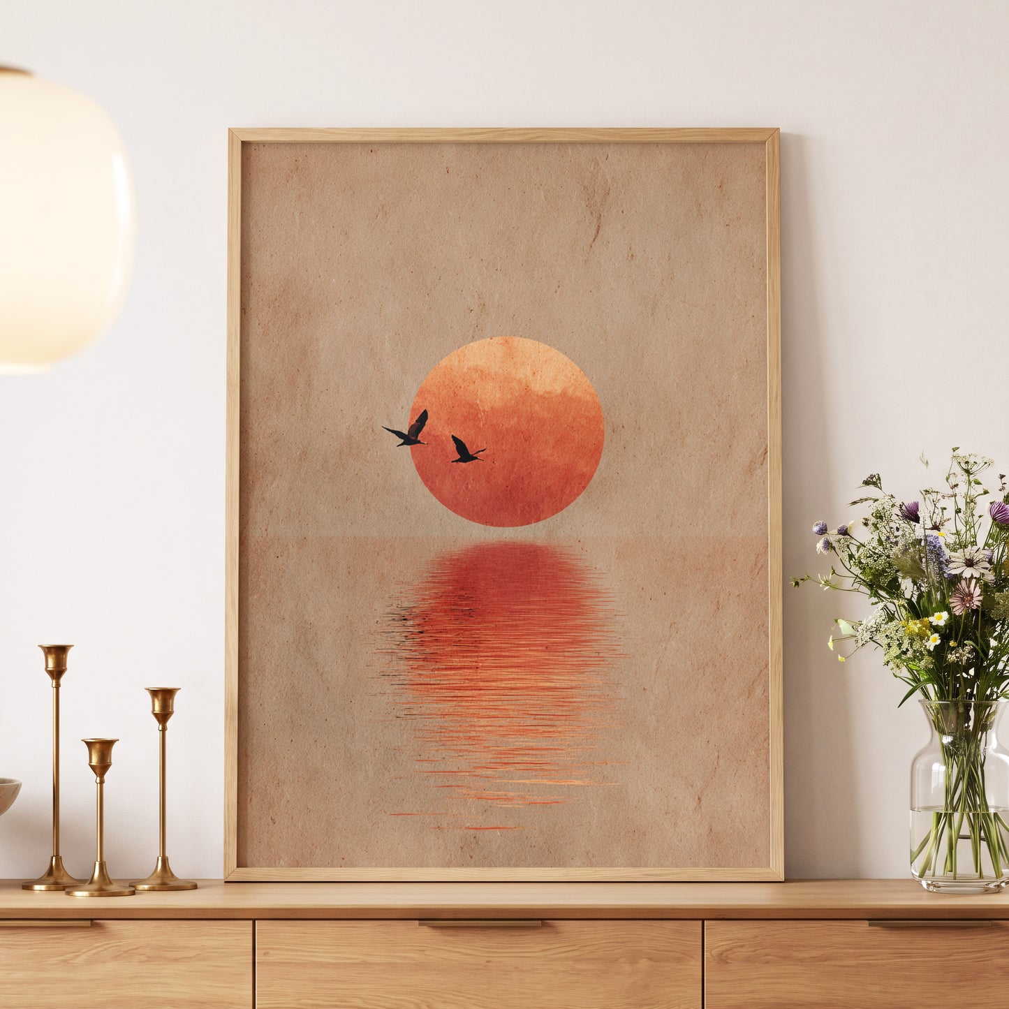 Crimson Migration, beige, red, orange nature wall art displayed in a styled interior, gallery view 5
