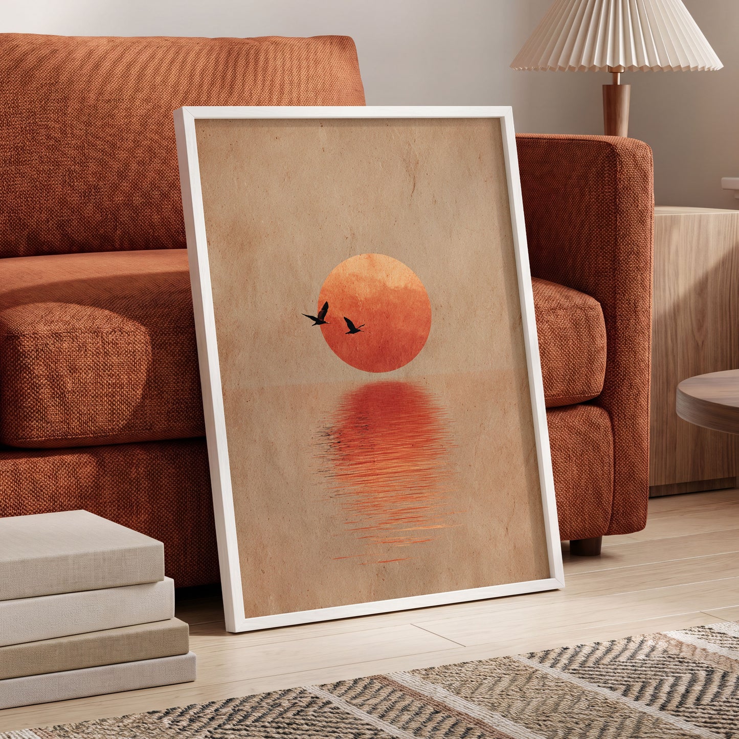 Crimson Migration, beige, red, orange nature wall art displayed in a styled interior, gallery view 6